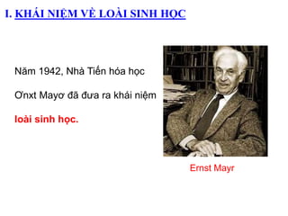 Ernst Mayr
Năm 1942, Nhà Tiến hóa học
Ơnxt Mayơ đã đưa ra khái niệm
loài sinh học.
I. KHÁI NIỆM VỀ LOÀI SINH HỌC
 