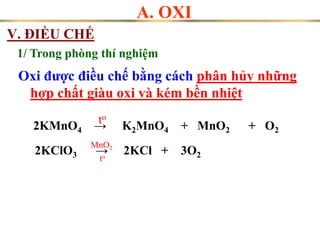 V. ĐIỀU CHẾ
A. OXI
Oxi được điều chế bằng cách phân hủy những
hợp chất giàu oxi và kém bền nhiệt
1/ Trong phòng thí nghiệm
2KMnO4 → K2MnO4 + MnO2 + O2
to
to
2KClO3 → 2KCl + 3O2
MnO2
 