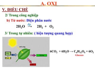 V. ĐIỀU CHẾ
A. OXI
2/ Trong công nghiệp
b) Từ nước: Điện phân nước
2H2O → 2H2 + O2
đp
3/ Trong tự nhiên: ( hiện tượng quang hợp)
6CO2 + 6H2O → C6H12O6 + 6O2
Glucozo
 