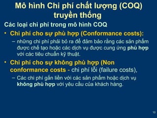 10 
Mô hình Chi phí chất lượng (COQ) 
truyền thống 
Các loại chi phí trong mô hình COQ 
• Chi phí cho sự phù hợp (Conformance costs): 
– những chi phí phải bỏ ra để đảm bảo rằng các sản phẩm 
được chế tạo hoặc các dịch vụ được cung ứng phù hợp 
với các tiêu chuẩn kỹ thuật. 
• Chi phí cho sự không phù hợp (Non 
conformance costs - chi phí lỗi (failure costs), 
– Các chi phí gắn liền với các sản phẩm hoặc dịch vụ 
không phù hợp với yêu cầu của khách hàng. 
 