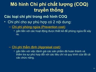 11 
Mô hình Chi phí chất lượng (COQ) 
truyền thống 
Các loại chi phí trong mô hình COQ 
• Chi phí cho sự phù hợp có 2 nội dung: 
– Chi phí phòng ngừa (Prevention cost) 
• gắn liền với các hoạt động được thiết kế để phòng ngừa lỗi xảy 
ra. 
– Chi phí thẩm định (Appraisal cost): 
• gắn liền với việc đánh giá các sản phẩm đã hoàn thành và 
thẩm tra sự phù hợp đối với các tiêu chí và quy trình của tất cả 
các chức năng. 
 