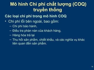 16 
Mô hình Chi phí chất lượng (COQ) 
truyền thống 
Các loại chi phí trong mô hình COQ 
• Chi phí lỗi bên ngoài, bao gồm: 
– Chi phí bảo hành, 
– Điều tra phàn nàn của khách hàng, 
– Hàng hóa trả lại 
– Thu hồi sản phẩm, chiết khấu, và các nghĩa vụ khác 
liên quan đến sản phẩm. 
 