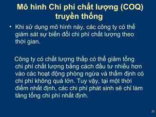 20 
Mô hình Chi phí chất lượng (COQ) 
truyền thống 
• Khi sử dụng mô hình này, các công ty có thể 
giám sát sự biến đổi chi phí chất lượng theo 
thời gian. 
Công ty có chất lượng thấp có thể giảm tổng 
chi phí chất lượng bằng cách đầu tư nhiều hơn 
vào các hoạt động phòng ngừa và thẩm định có 
chi phí không quá lớn. Tuy vậy, tại một thời 
điểm nhất định, các chi phí phát sinh sẽ chỉ làm 
tăng tổng chi phí nhất định. 
 