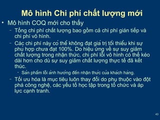 43 
Mô hình Chi phí chất lượng mới 
• Mô hình COQ mới cho thấy 
– Tổng chi phí chất lượng bao gồm cả chi phí gián tiếp và 
chi phí vô hình. 
– Các chi phí này có thể không đạt giá trị tối thiểu khi sự 
phù hợp chưa đạt 100%. Do hiệu ứng về sự suy giảm 
chất lượng trong nhận thức, chi phí lỗi vô hình có thể kéo 
dài hơn cho dù sự suy giảm chất lượng thực tế đã kết 
thúc. 
• Sản phẩm lỗi ảnh hưởng đến nhận thức của khách hàng. 
– Tối ưu hóa là mục tiêu luôn thay đổi do phụ thuộc vào đột 
phá công nghệ, các yếu tố học tập trong tổ chức và áp 
lực cạnh tranh. 
 