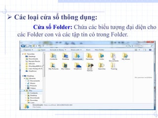 Cửa sổ Folder: Chứa các biểu tượng đại diện cho
các Folder con và các tập tin có trong Folder.
 Các loại cửa sổ thông dụng:
 