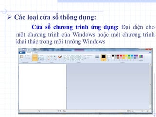 Cửa sổ chương trình ứng dụng: Đại diện cho
một chương trình của Windows hoặc một chương trình
khai thác trong môi trường Windows
 Các loại cửa sổ thông dụng:
 
