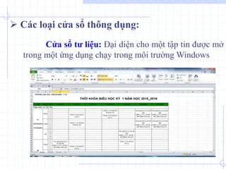 Cửa sổ tư liệu: Đại diện cho một tập tin được mở
trong một ứng dụng chạy trong môi trường Windows
 Các loại cửa sổ thông dụng:
 