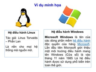 Hệ điều hành Linux
Tác giả: Linus Torvalds
– Phần Lan
Là nền cho mọi hệ
thống mã nguồn mở.
Hệ điều hành Windows
Microsoft Windows là tên của
các dòng phần mềm hệ điều hành
độc quyền của hãng Microsoft.
Lần đầu tiên Microsoft giới thiệu
một môi trường điều hành mang
tên Windows (Cửa sổ) là vào
tháng 11 năm 1985 Là hệ điều
hành được sử dụng phổ biến trên
toàn thế giới.
Ví dụ minh họa
 