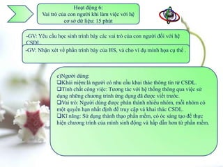 Hoạt động 6:
       Vai trò của con người khi làm việc với hệ
                 cơ sở dữ liệu: 15 phút

-GV: Yêu cầu học sinh trình bày các vai trò của con người đối với hệ
CSDL.
-GV: Nhận xét khảo sách GK bàyInternet trước,sẽ tóm tắt lại họa trò thể .
-HS: Đã tham về phần trình và của HS, và cho ví dụ minh vai cụ của
con người theo ý mình:


              c)Người lập trình
              b)Người dùng: ứng dụng:
              a)Người quản trị hệ CSDL:
              Khái niệm: làngười có nhu cầu khai thác thôngbảo từ CSDL.
                      niệm:là một người hy một nhómdựng và tin trì các phần
                                         thiết kế, xây người được trao quyền
              Tính
              mềm. chất CSDL.
              điều hành hệcông việc: Tương tác với hệ thống thông qua việc sử
              Tính chất công việc: Chịu trách nhiệm quản kế,trước. nguyên như
              dụng những chương trình ứng dụng đã được viết các tài mỗi người
                                                         thiết lý sau đó
              Vai trò: QTCSDL và các việc thành nhiều module, rồi kết nối
              sẽ đảm hệ Người phần công phânđể tạo ra quan.
              CSDL, nhận một dùng đượcphần mềm liêncác nhóm, mỗi nhóm có
              Vai trò: hạn lại. định để truy cập và khai thác CSDL.
              một quyền
              các module đó nhất
              Kĩ Cài Sử dụng thành thạo
              Vainăng: đặt CSDL vật lý. phần mềm, có óc sáng tạo để thực
                    trò:
                   Làm trình phần mềm hoặc CSDL.
                   Cấp phát các quyền sinh động và hấp dẫn mềm.
              hiện chươngra các của mìnhtruy cậpchỉnh sửa phầnhơn từ phần mềm.
                   Phát triển phần động
                   Duy trì các hoạtmềm . hệ thống đảm bảo thỏa mãn yêu cầu
              Kĩ của các trình sáng dụng và người dùng. logic, tiếp cận vấn đề
                   năng: Có sự ứng tạo ,suy nghĩ một cách
              Kĩ năng: Phải hiểu ý tớisâu sắc và thực hành tốt trong cácthiết kế
              có thứ tự và luôn chú biết chi tiết, làm việc nhóm, kỹ năng lĩnh
              và kiên nhẫn,…
              vực CSDL, hệ QTCSDL và môi trường hệ thống.
 