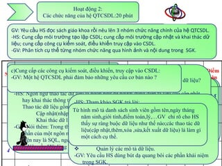 Hoạt động 2:
                 Các chức năng của hệ QTCSDL:20 phút

  GV: Yêu cầu HS đọc sách giáo khoa rồi nêu lên 3 nhóm chức năng chính của hệ QTCSDL.
  -HS: Cung cấp môi trường tạo lập CSDL; cung cấp môi trường cập nhật và khai thác dữ
  liệu; cung cấp công cụ kiểm soát, điều khiển truy cập vào CSDL.
  -GV: Phân tích cụ thể từng nhóm chức năng qua hình ảnh và nội dung trong SGK.


   a)Cung cấp môi công cụtạo lậpsoát, điều khiển, truy cập vào CSDL:
   c)Cung cấp các trường kiểm CSDL:
                              Ngày        Giới Đoàn Điểm Điểm Điểm Điểm Điểm
Stt b)CungHọ tên trường cập nhật và khai thác dữ liệu:
             cấp môi
   -GV: Một hệ QTCSDL phải đảm bảo tính yêu cầu cơ bản nào ?
                               sinh       những viên        toán      lý     Hóa      tin    văn
     -GV: Yêu cầu HS xem sách và trả lời câu hỏi: Thế nào là ngôn ngữ thao tác dữ liệu?
    Một Thao các dữtrị cung cấp cho người dùng: ngôn ngữ định nghĩa dữ liệu trong hệ
    Ngônhệhệ tác côngCSDLliệu:
    Khác với quản nghĩa gồmthường gì? Pascal,
     Mộtsố QTCSDL cụdữ những trong
     Typengữ định liệu= tương ứng dùng:
                HocSinh record;
    -Là QTCSDLcácdữ cóHoTen:String[30]; ngữ để người dùng diễnđịnh các ràng buộc đối
     -HS: Nguyễn phải liệu 12/8/87tả CSDL. phép người 7.8 xác8.2 yêu cầu cập nhật
     -KhaiNgônkiểu thao tác để mô làtiện cho
        hệ thống
           báo ngữ kí hiệu dữ liệu ngôn
                           các phương                        dùng
 1 -Đượccấu trúc Antừ đảm bảo tính String[10]; liệu.trúc của một hệ tả
                                          Nam lên cấu
     -Các tạo thànhđểthôngcông cụ tác động dữ
        với dữ liệudữ liệu thể hiện thông tin       Có                        9.2     8.3    8.5
        hay khai thác các tin.-HS: toàn vẹn SGK trả lời:
                          NgaySinh:
                                       Tham khảo
                                                                        QTCSDL.
    -Đóngràngtác dữ trên GioiTinh: Boolean; khi khai báo chương trình trong ngôn ngữ
     -Các vai trò như câu lệnh TYPE và VAR
        Thao    buộc liệu dữ liệu
                          gồm: MS SQL Đảm bảo an ninh, ngăn ngừa truy cập không được
                                 
     ĐểPascal.Cậpchức năng21/3/86để hệNam danhORACLE ghi Học Sinh có một ngôn ngữ 8.3
        thựcVăn Giang DoanVien: Boolean; cấusách sinh cho ngườitên,ngàytrường:
              hiện dụ: Trong Pascalxóakhailiệu). Ko bản viên gồm………. tháng
                Ví nhật(nhập, sửa,hình dữ tả
                              này, mỗi mô báo
                                Từ         QTCSDL cung cấp
                                                      trúc               dùng 9
 2     TrầnACCESS               SERVERsinh,giới tính,điểm 5.6 toàn 6.7bảochỉ rõthôngHS
                                     phép – đáp ứng yêu cầutoán,lý,…GV mật cho 7.7
                                    năm                       an     và       7.8       tin.
       HoTen,Khai dữ liêu.GioiTinh,xếp, tìm kiếm, kết xuất báo cáo,..).
        định nghĩa thác dữ liệu(sắp DoanVien,Toan,Ly,Hoa,Van,Tin.
                NgaySinh, Toan,Ly,Hoa,Van,Tin: Real
                                          Duy trì tính nhất quán của dữ liệu.
     End. Nói thêm: Trong thực tế,thấy sự ràng buộc dữ liệuthao tác dữ liệu làthao thành
     -GV:
                                                               như thế nào;các      tác dữ
                                     ngôn ngữchức và điều khiển các truy cập đồng thời .
                                                định nghĩa và                   hai
                                          Tổ
 3 -GV: Yêu cầu HSngôn ngữ CSDL duy nhật,thêm,xóa ,sửa,kết trong dữ liệu) là làm gì
        Lê Minh Châu dùng 13/5/87quangNữ cácNgôn ngữ CSDL xuất SGK và ghi 6.7
        phần của một          bút dạliệu(cập nhất. phần khái niệm được dùng phổ biến
                                            bôi     Có       9.3     8.5      8.4     chú    9.1
                                  một cách cụ phục CSDL khi có sự cố ở phần cứng hay
                                           Khôi thể.
        hiện nay là SQL, ngoài GVcòn cómềm.
         những ý phân tích của ra vào vở.
                                     phần T-SQL,…
     -GV: Yêu cầu HS dùng bút dạ quangQuản lý các mô tả dữ liệu.
                                           bôi các phần khái niệm trong SGK.
 4      Doãn Thu Cúc         14/2/87       Nữ       Ko       6.5     7.0      9.1     6.7    8.6
                                 -GV: Yêu cầu HS dùng bút dạ quang bôi các phần khái niệm
                                     trong SGK.
 