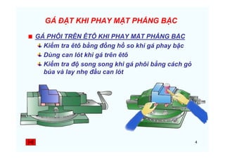 4
GÁ ĐẶT KHI PHAY MẶT PHẲNG BẬC
GÁ PHÔI TRÊN ÊTÔ KHI PHAY MẶT PHẲNG BẬC
Kiểm tra êtô bằng đồng hồ so khi gá phay bậc
Dùng can lót khi gá trên êtô
Kiểm tra độ song song khi gá phôi bằng cách gỏ
búa và lay nhẹ đầu can lót
 