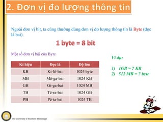 Bit là đơn vị nhỏ nhất được lưu trữ trong máy tính để biểu diễn hai trạng thái  0 và 1  ( 0: không có điện;  1 : có điện) ta còn thường gọi là mã nhị phânVí dụ:  Ta sử dụng 0 và 1 biểu diễn trạng thái tắt và mở của mỗi bóng đèn01000111