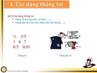 2. Đơn vị đo lượng thông tinNgoài đơn vị bit, ta cũng thường dùng đơn vị đo lượng thông tin là Byte (đọc là bai).1 byte = 8 bitMột số đơn vị bội của ByteVí dụ:1)   1GB = ? KB2)   512 MB = ? byte 