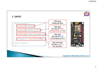 11/09/2021
3
Copyright by Điện thông minh E-smart
Mức logic
không xác định
Mức logic
ban đầu là HIGH
(không dùng cho D0)
Mức logic
ban đầu là LOW
chỉ áp dụng cho D0
Đọc mức logic
tại chân input D1
lưu vào biến i
 