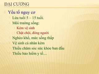

Yếu tố nguy cơ



Lứa tuổi 5 – 15 tuổi.
Môi trường sống:








Kém vệ sinh
Chật chội, đông người

Nghèo khổ, mức sống thấp
Vệ sinh cá nhân kém
Thiếu chăm sóc sức khỏe ban đầu
Thiếu bảo hiểm y tế....

 