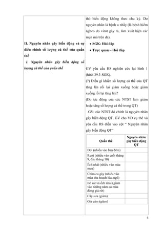 4
II. Nguyên nhân gây biến động và sự
điều chỉnh số lượng cá thể của quần
thể
1. Nguyên nhân gây biến động số
lượng cá thể của quần thể
thỏ biến động không theo chu kỳ. Do
nguyên nhân là bệnh u nhầy (là bệnh hiểm
nghèo do virut gây ra, làm xuất hiện các
mụn mủ trên da).
 SGK- Hỏi đáp
 Trực quan – Hỏi đáp
GV yêu cầu HS nghiên cứu lại hình 1
(hình 39.3-SGK).
(?) Điều gì khiến số lượng cá thể của QT
tăng lên rồi lại giảm xuống hoặc giảm
xuống rồi lại tăng lên?
(Do tác động của các NTST làm giảm
hoặc tăng số lượng cá thể trong QT)
GV: các NTST đó chính là nguyên nhân
gây biến động QT. GV cho VD cụ thể và
yêu cầu HS điền vào cột “ Nguyên nhân
gây biến động QT”
Quần thể
Nguyên nhân
gây biến động
QT
Dơi (nhiều vào ban đêm)
Rươi (nhiều vào cuối tháng
9, đầu tháng 10)
Ếch nhái (nhiều vào mùa
mưa)
Chim cu gáy (nhiều vào
mùa thu hoạch lúa, ngô)
Bò sát và ếch nhái (giảm
vào những năm có mùa
đông giá rét)
Cây sưa (giảm)
Gia cầm (giảm)
 