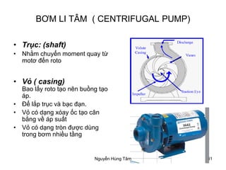 11
BƠM LI TÂM ( CENTRIFUGAL PUMP)
• Trục: (shaft)
• Nhằm chuyển moment quay từ
motơ đến roto
• Vỏ ( casing)
Bao lấy roto tạo nên buồng tạo
áp.
• Để lắp trục và bạc đạn.
• Vỏ có dạng xóay ốc tạo cân
bằng về áp suất
• Vỏ có dạng tròn được dùng
trong bơm nhiều tầng
Nguyễn Hùng Tâm
 