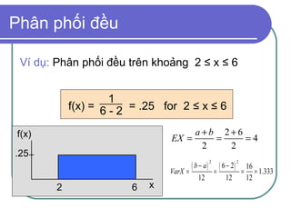Phân phối đều

 Ví dụ: Phân phối đều trên khoảng 2 ≤ x ≤ 6


                     1
            f(x) = 6 - 2 = .25 for 2 ≤ x ≤ 6

f(x)                                 a+b 2+6
                                EX =    =    =4
                                      2   2
.25
                                       ( b − a)         ( 6 − 2)
                                                  2                2
                                                                           16
                                VarX =                =                =      = 1.333
                                           12              12              12
        2               6   x
 