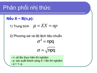Phân phối nhị thức
 Nếu X ~ B(n,p):
  1) Trung bình      µ = EX = np
  2) Phương sai và độ lệch tiêu chuẩn
                        σ = npq
                           2



                        σ = npq
   - n: số lần thực hiện thí nghiệm
   - p: xác suất thành công ở 1 lần thí nghiệm
   - q = 1- p.
 
