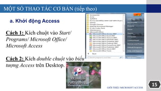 15GIỚI THIỆU MICROSOFT ACCESS
MỘT SỐ THAO TÁC CƠ BẢN (tiếp theo)
a. Khởi động Access
Cách 1: Kích chuột vào Start/
Programs/ Microsoft Office/
Microsoft Access
Cách 2: Kích double chuột vào biểu
tượng Access trên Desktop.
 
