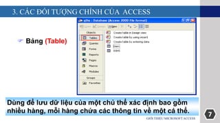 7
3. CÁC ĐỐI TƯỢNG CHÍNH CỦA ACCESS
GIỚI THIỆU MICROSOFT ACCESS
 Bảng (Table)
Dùng để lưu dữ liệu của một chủ thể xác định bao gồm
nhiều hàng, mỗi hàng chứa các thông tin về một cá thể.
 
