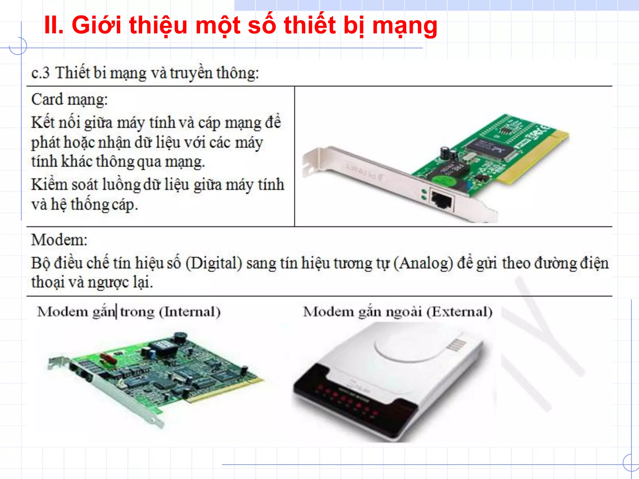II. Giới thiệu một số thiết bị mạng
 