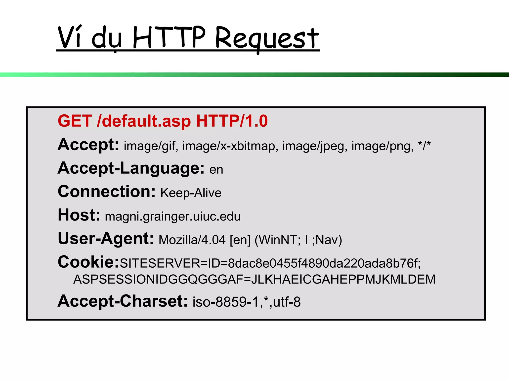 Ví d HTTP Requestụ
GET /default.asp HTTP/1.0
Accept: image/gif, image/x-xbitmap, image/jpeg, image/png, */*
Accept-Language: en
Connection: Keep-Alive
Host: magni.grainger.uiuc.edu
User-Agent: Mozilla/4.04 [en] (WinNT; I ;Nav)
Cookie:SITESERVER=ID=8dac8e0455f4890da220ada8b76f;
ASPSESSIONIDGGQGGGAF=JLKHAEICGAHEPPMJKMLDEM
Accept-Charset: iso-8859-1,*,utf-8
 