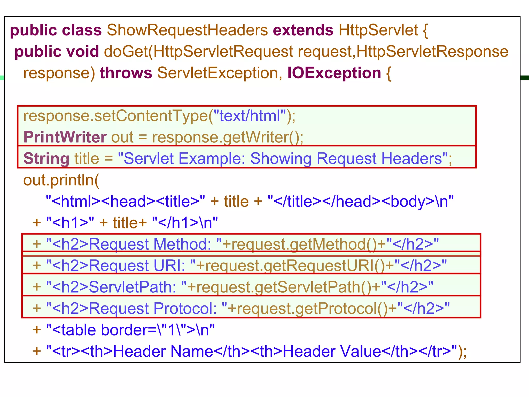 public class ShowRequestHeaders extends HttpServlet {
public void doGet(HttpServletRequest request,HttpServletResponse
response) throws ServletException, IOException {
response.setContentType("text/html");
PrintWriter out = response.getWriter();
String title = "Servlet Example: Showing Request Headers";
out.println(
"<html><head><title>" + title + "</title></head><body>n"
+ "<h1>" + title+ "</h1>n"
+ "<h2>Request Method: "+request.getMethod()+"</h2>"
+ "<h2>Request URI: "+request.getRequestURI()+"</h2>"
+ "<h2>ServletPath: "+request.getServletPath()+"</h2>"
+ "<h2>Request Protocol: "+request.getProtocol()+"</h2>"
+ "<table border="1">n"
+ "<tr><th>Header Name</th><th>Header Value</th></tr>");
 