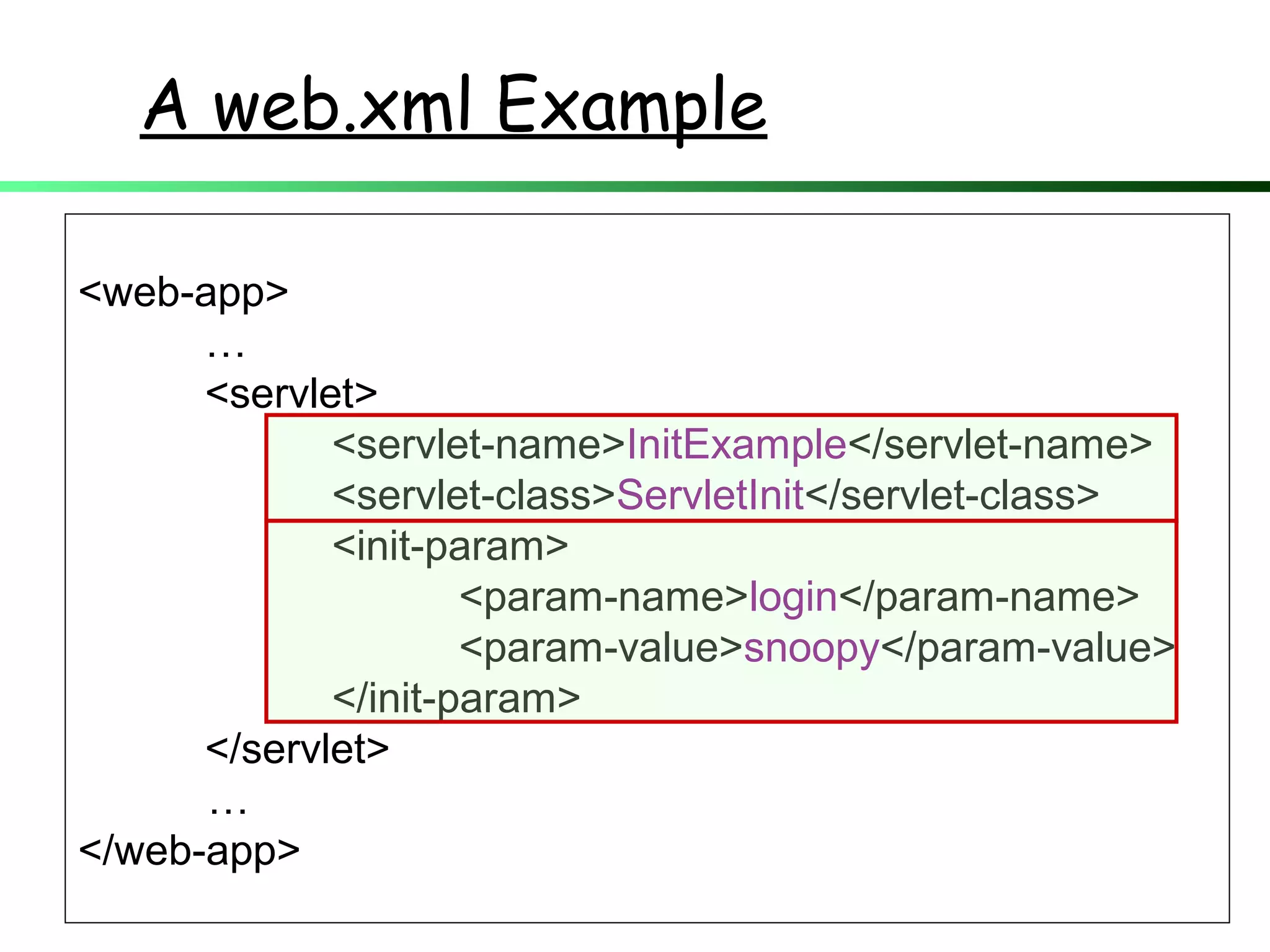 <web-app>
…
<servlet>
<servlet-name>InitExample</servlet-name>
<servlet-class>ServletInit</servlet-class>
<init-param>
<param-name>login</param-name>
<param-value>snoopy</param-value>
</init-param>
</servlet>
…
</web-app>
A web.xml Example
 