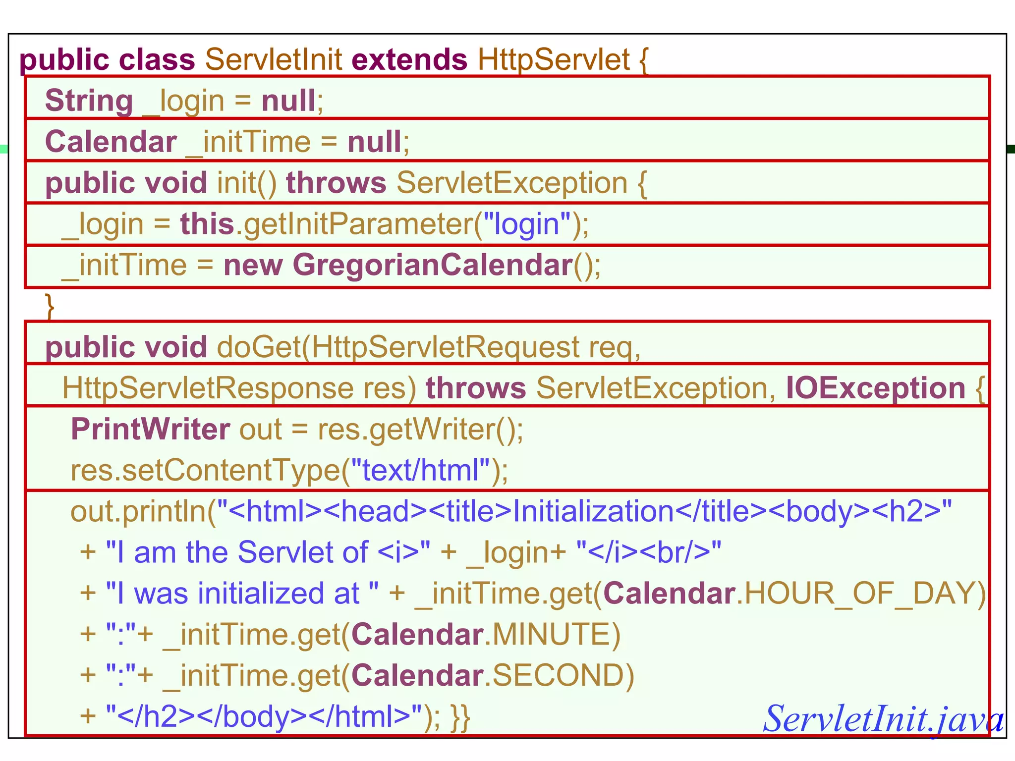 public class ServletInit extends HttpServlet {
String _login = null;
Calendar _initTime = null;
public void init() throws ServletException {
_login = this.getInitParameter("login");
_initTime = new GregorianCalendar();
}
public void doGet(HttpServletRequest req,
HttpServletResponse res) throws ServletException, IOException {
PrintWriter out = res.getWriter();
res.setContentType("text/html");
out.println("<html><head><title>Initialization</title><body><h2>"
+ "I am the Servlet of <i>" + _login+ "</i><br/>"
+ "I was initialized at " + _initTime.get(Calendar.HOUR_OF_DAY)
+ ":"+ _initTime.get(Calendar.MINUTE)
+ ":"+ _initTime.get(Calendar.SECOND)
+ "</h2></body></html>"); }} ServletInit.java
 