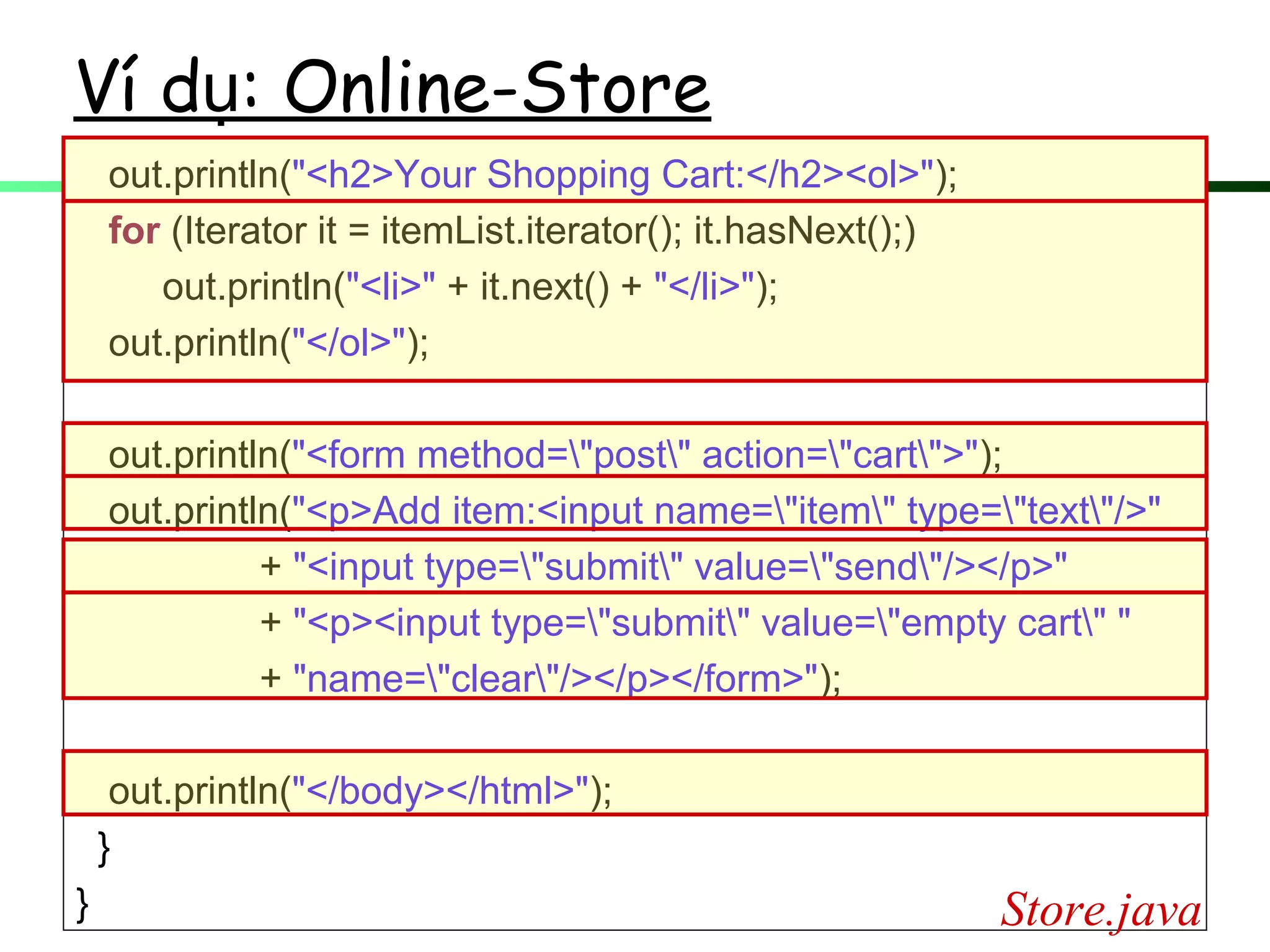 Ví d : Online-Storeụ
out.println("<h2>Your Shopping Cart:</h2><ol>");
for (Iterator it = itemList.iterator(); it.hasNext();)
out.println("<li>" + it.next() + "</li>");
out.println("</ol>");
out.println("<form method="post" action="cart">");
out.println("<p>Add item:<input name="item" type="text"/>"
+ "<input type="submit" value="send"/></p>"
+ "<p><input type="submit" value="empty cart" "
+ "name="clear"/></p></form>");
out.println("</body></html>");
}
} Store.java
 