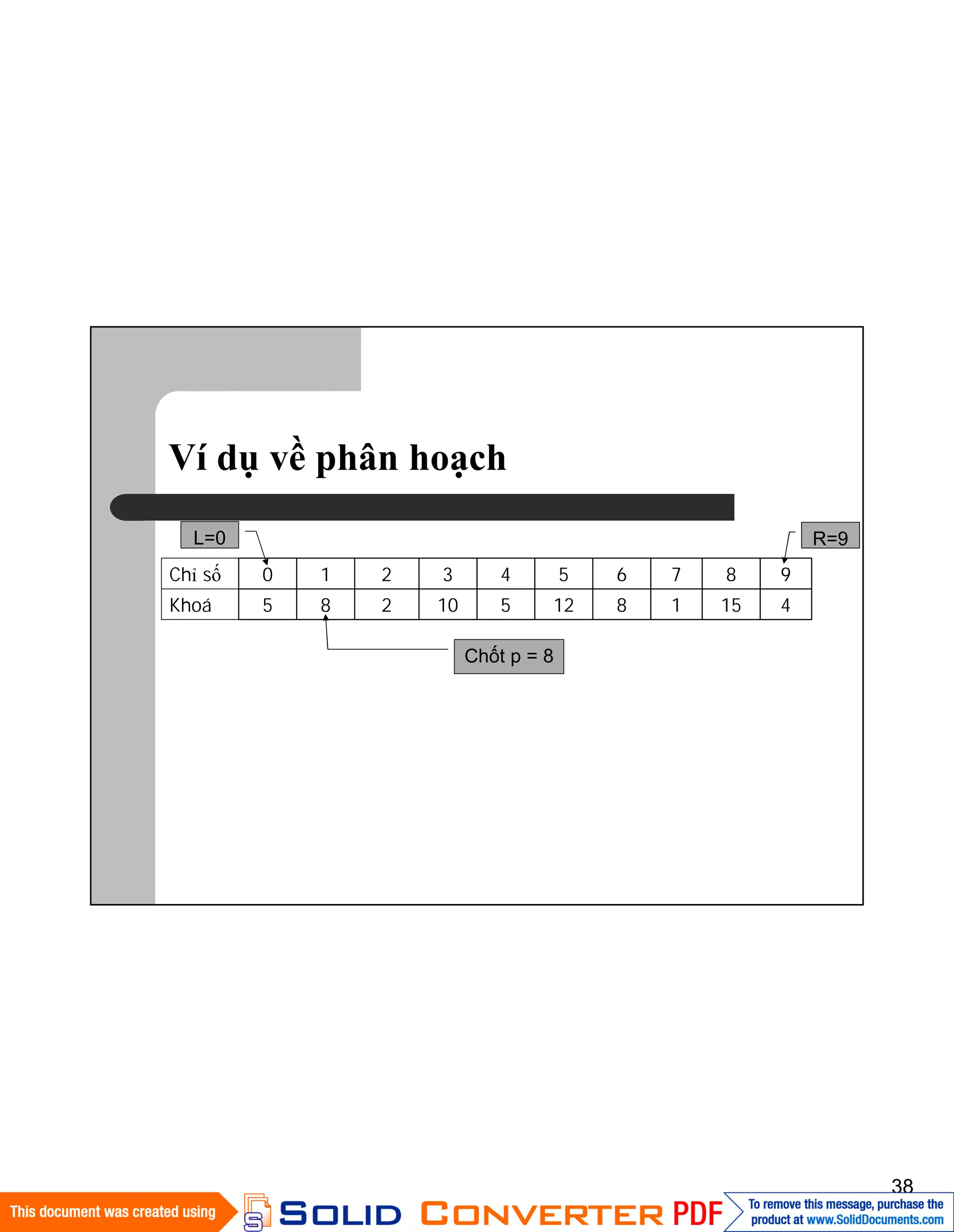 38
Ví dụ về phân hoạch
4151812510285Khoá
9876543210Chỉ số
Chốt p = 8
L=0 R=9
 