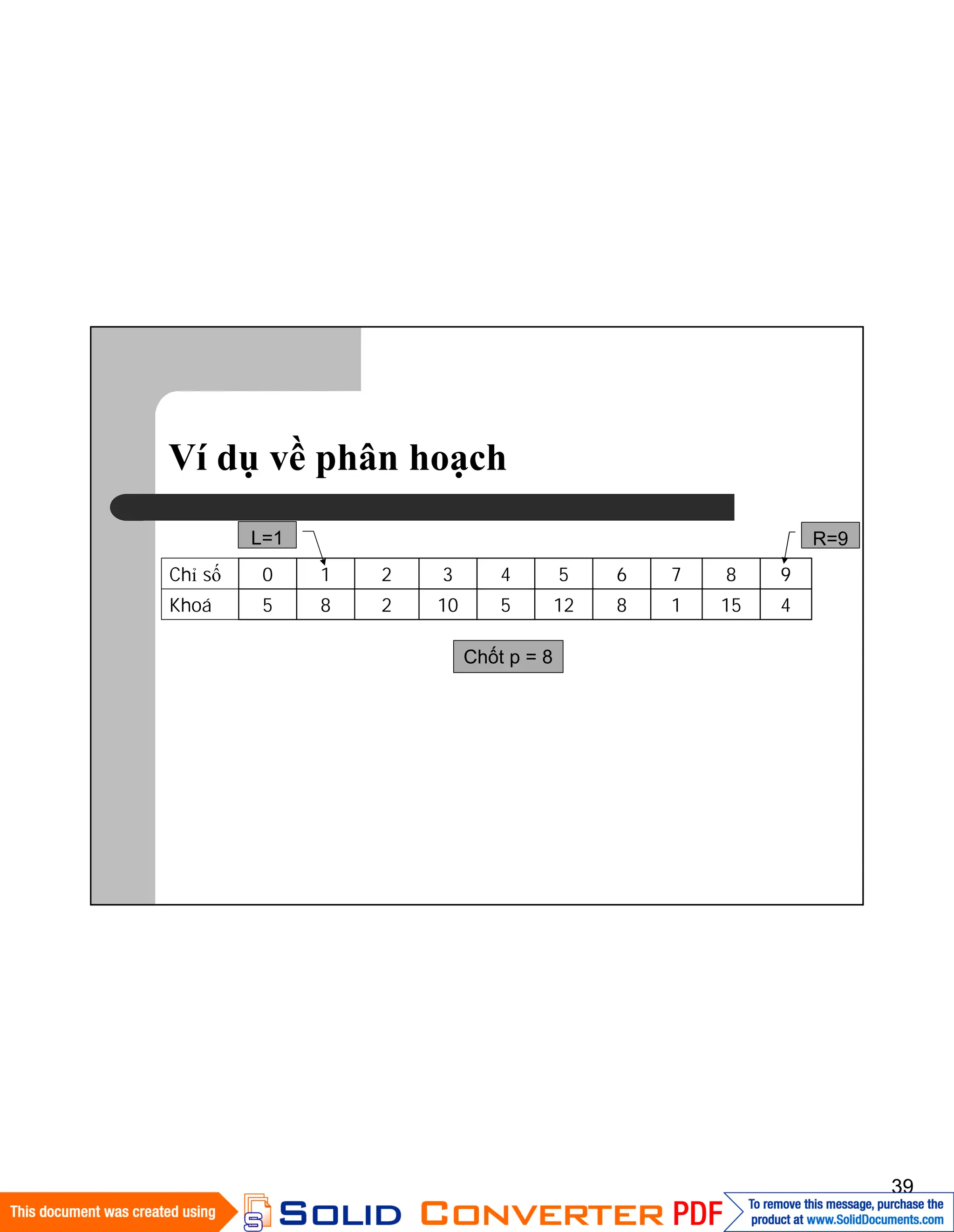 39
Ví dụ về phân hoạch
4151812510285Khoá
9876543210Chỉ số
L=1
Chốt p = 8
R=9
 