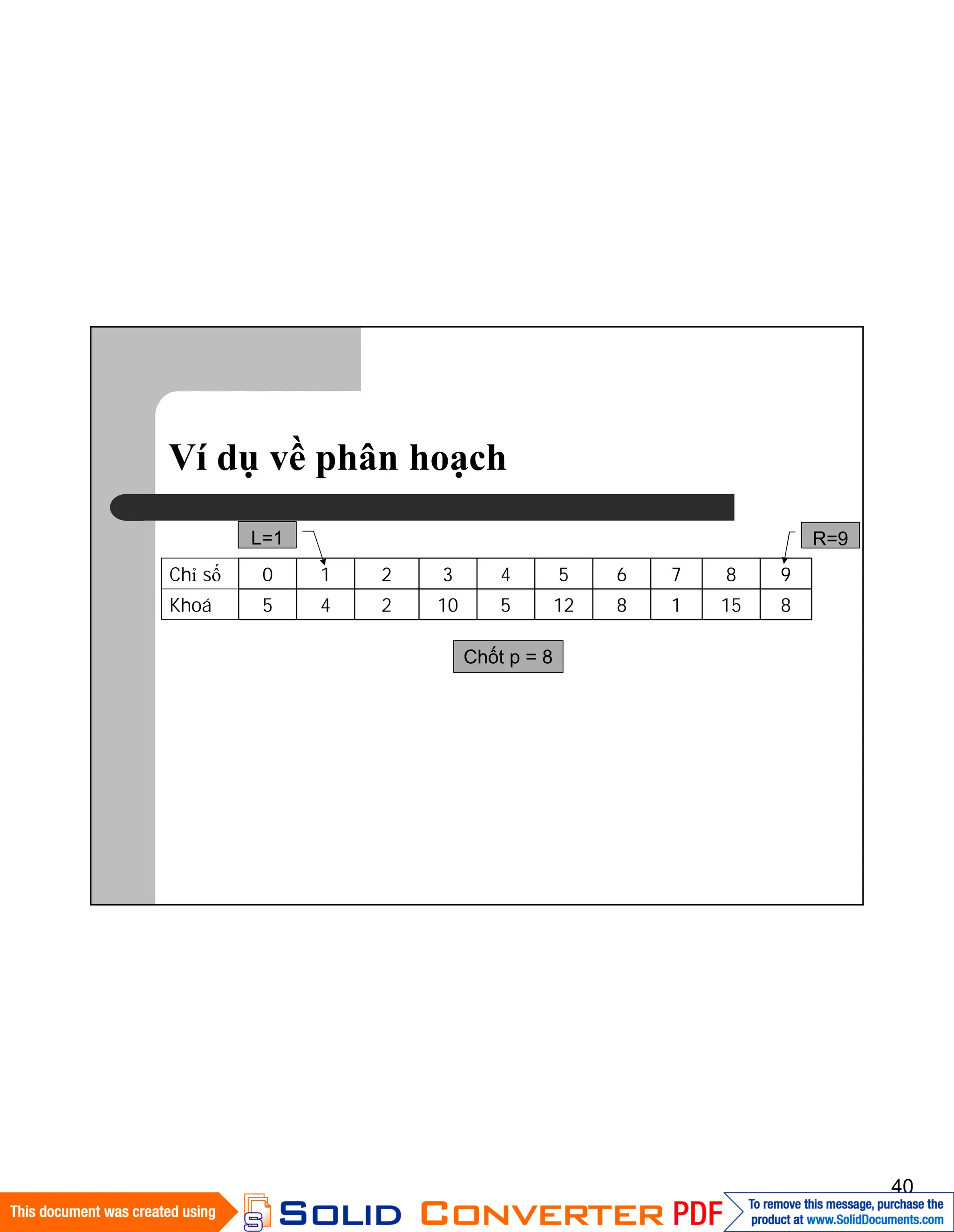 40
Ví dụ về phân hoạch
8151812510245Khoá
9876543210Chỉ số
L=1
Chốt p = 8
R=9
 