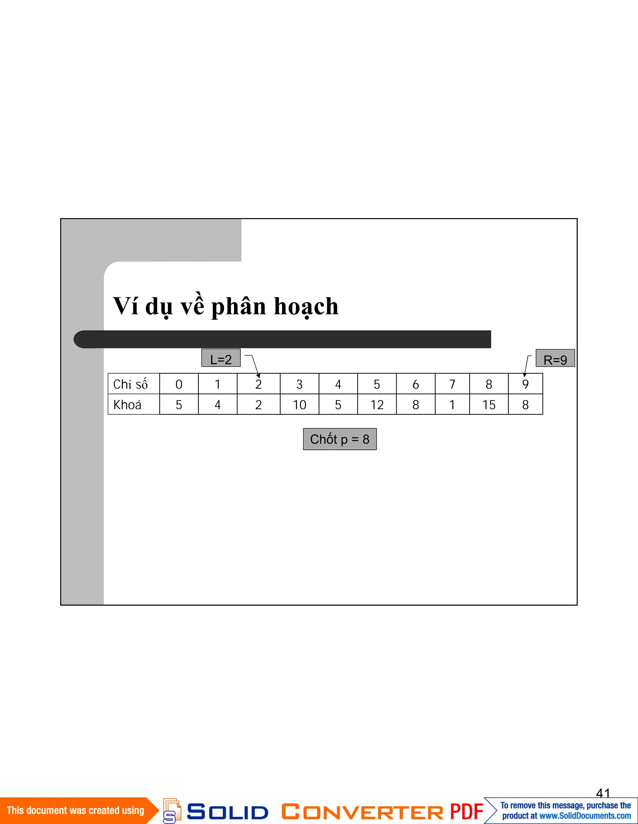 41
Ví dụ về phân hoạch
8151812510245Khoá
9876543210Chỉ số
L=2
Chốt p = 8
R=9
 