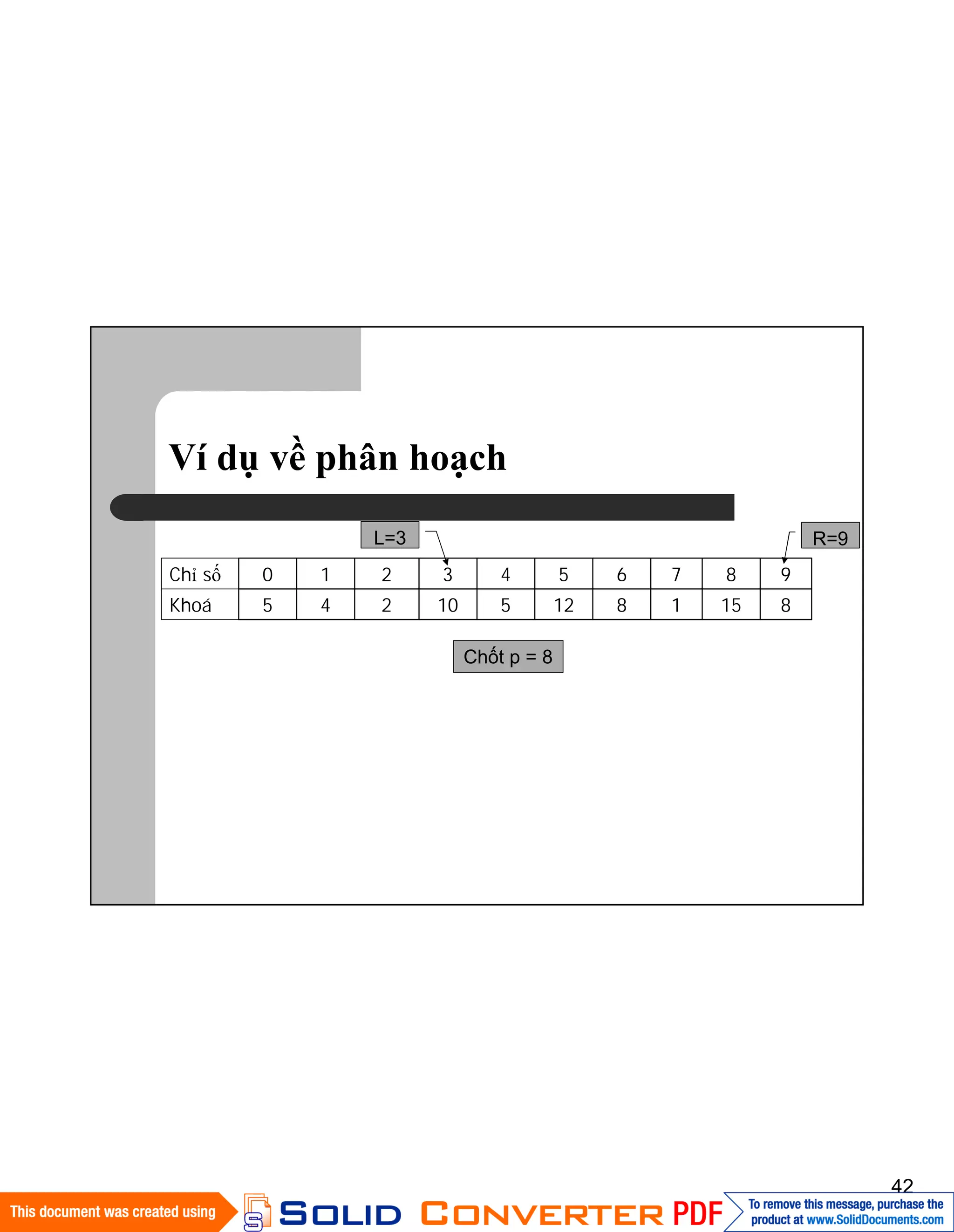 42
Ví dụ về phân hoạch
8151812510245Khoá
9876543210Chỉ số
L=3
Chốt p = 8
R=9
 