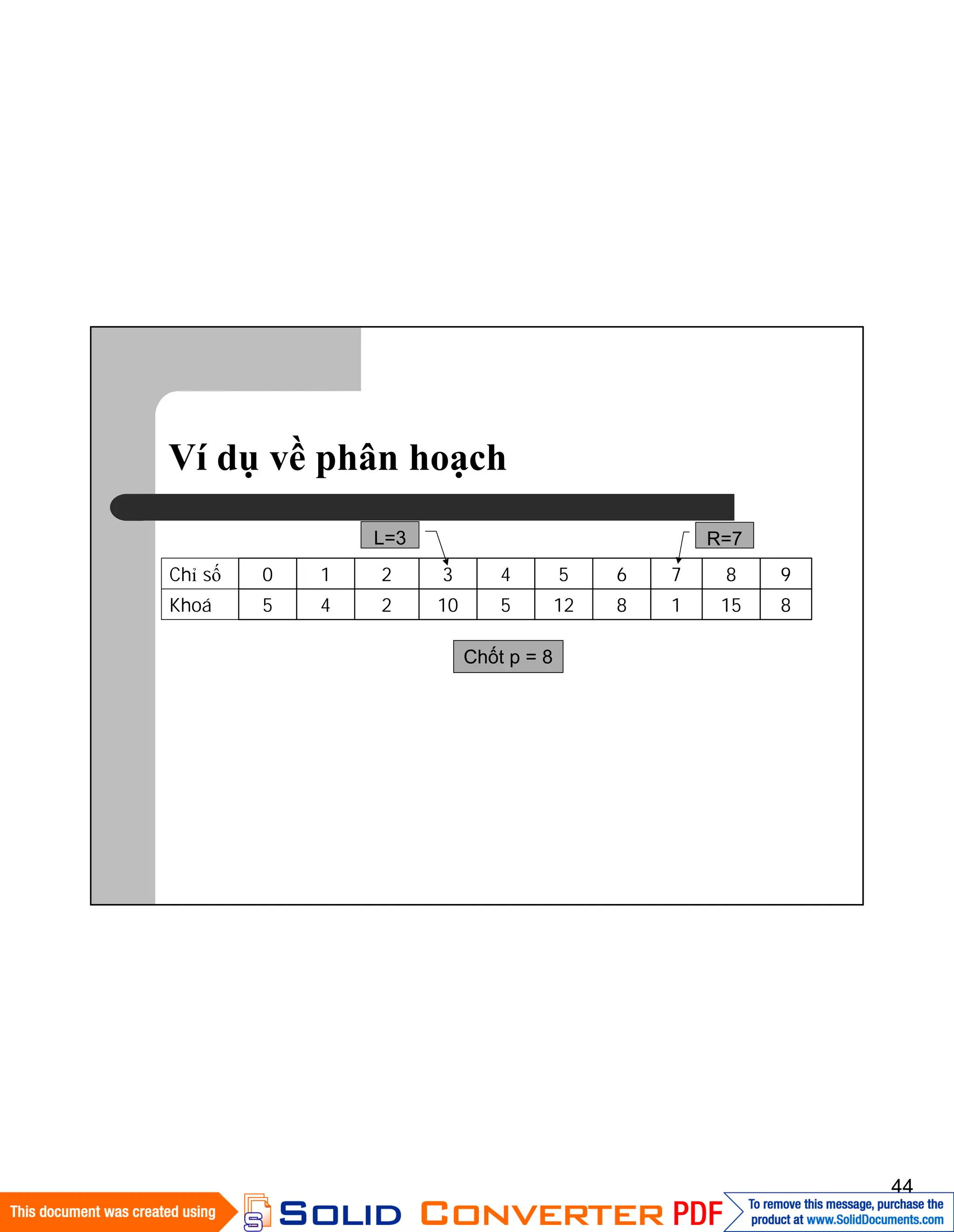 44
Ví dụ về phân hoạch
8151812510245Khoá
9876543210Chỉ số
L=3
Chốt p = 8
R=7
 
