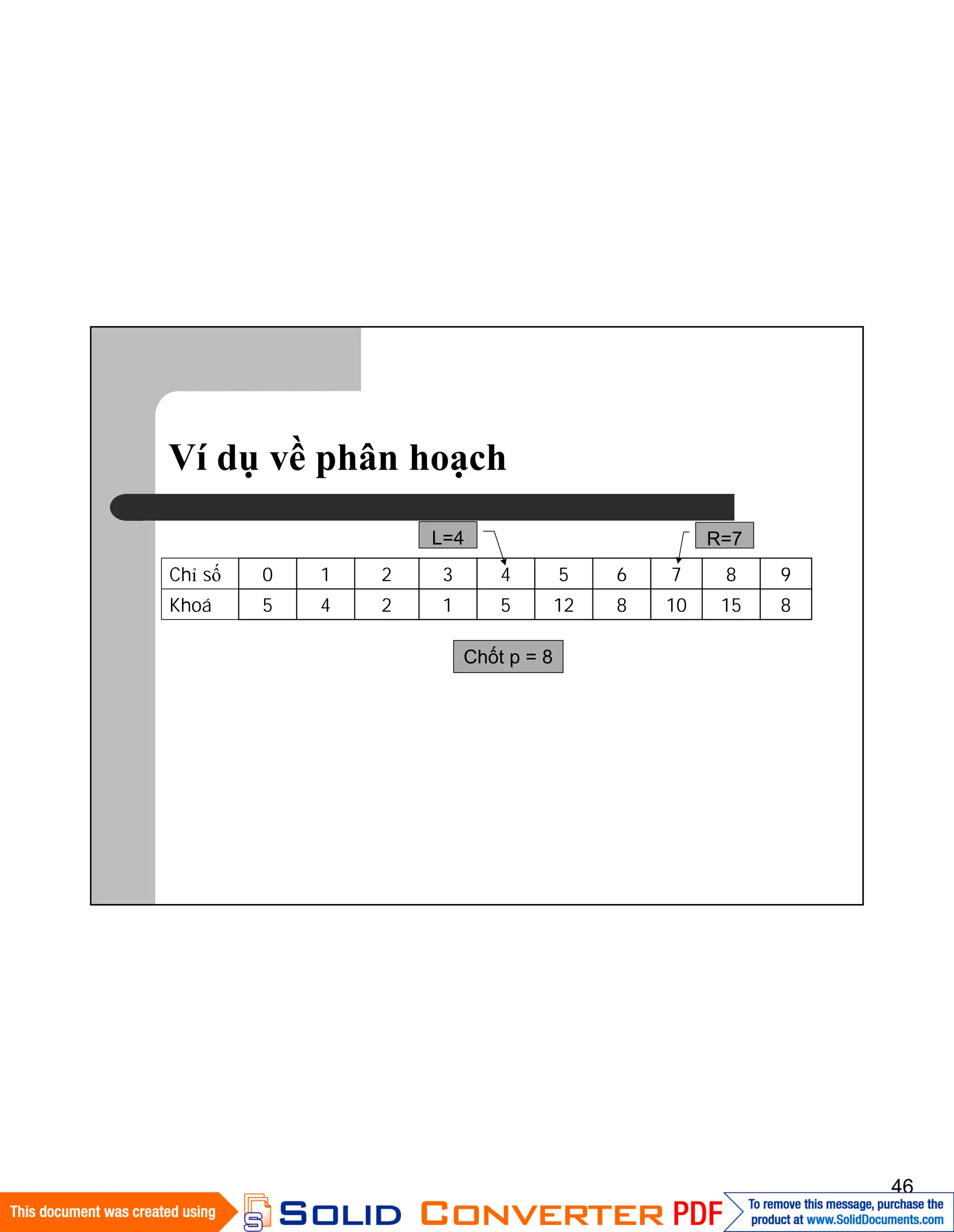 46
Ví dụ về phân hoạch
8151081251245Khoá
9876543210Chỉ số
L=4
Chốt p = 8
R=7
 