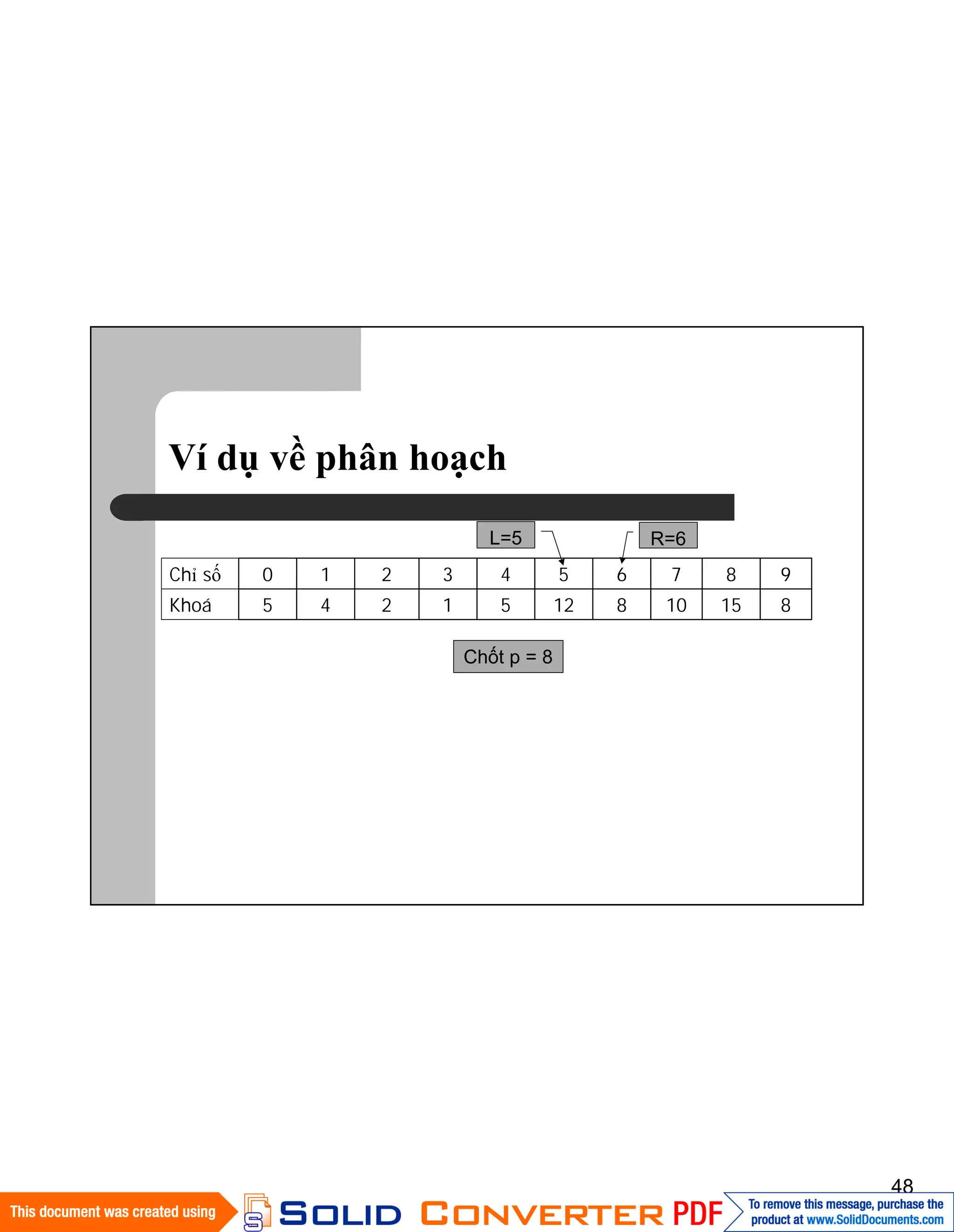 48
Ví dụ về phân hoạch
8151081251245Khoá
9876543210Chỉ số
L=5
Chốt p = 8
R=6
 
