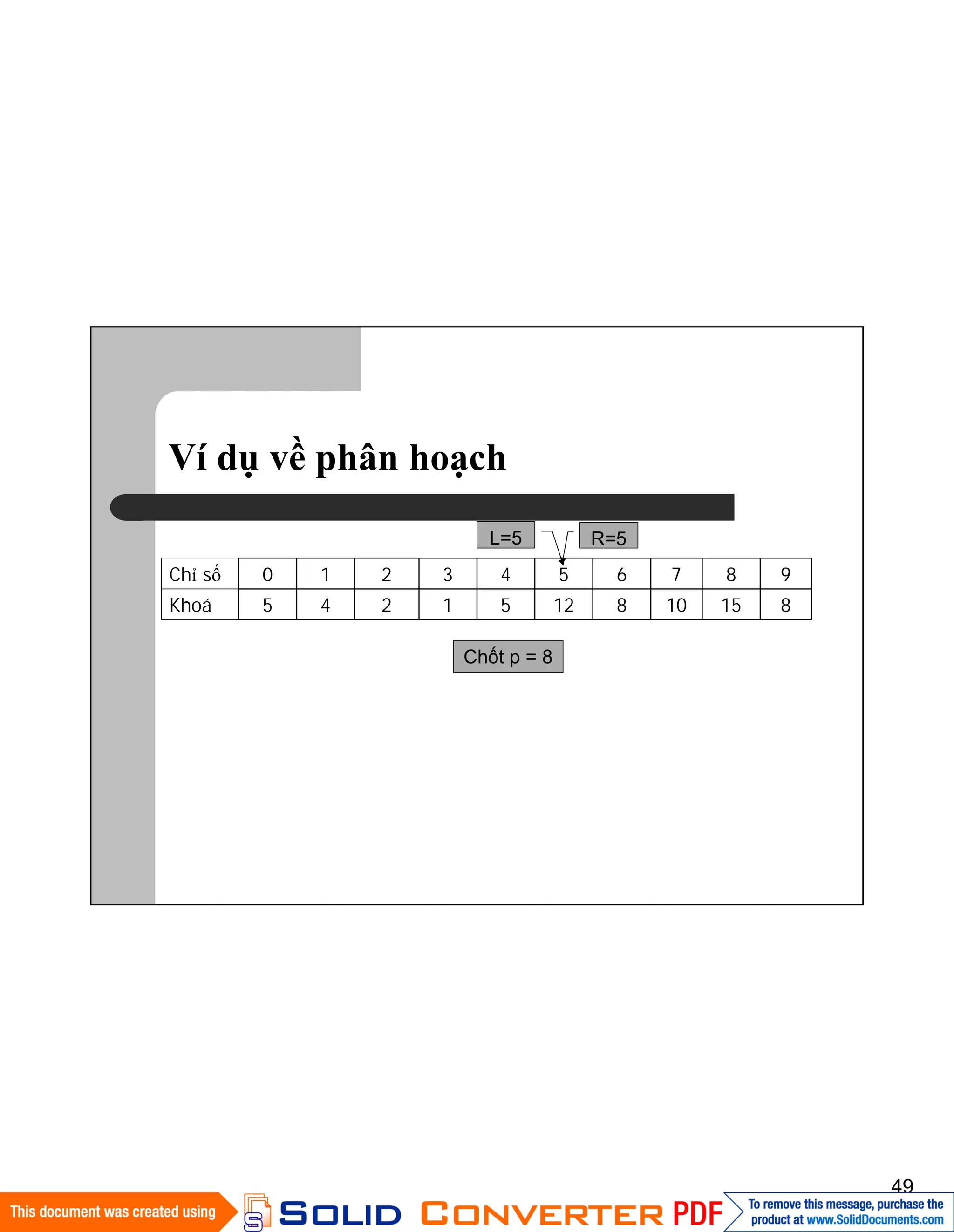 49
Ví dụ về phân hoạch
8151081251245Khoá
9876543210Chỉ số
L=5
Chốt p = 8
R=5
 