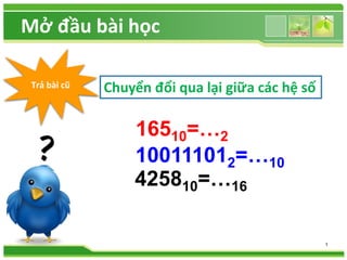 Mở đầu bài học 
1 
Trả bài cũ Chuyển đổi qua lại giữa các hệ số 
16510=…2 
100111012=…10 
425810=…16 
 