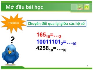 Mở đầu bài học
1
Trả bài cũ Chuyển đổi qua lại giữa các hệ số
16510=…2
100111012=…10
425810=…16
 