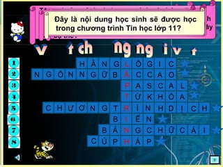 H Ằ N G L Ô G I C
N G Ữ B Ậ A ONÔGN
AP S C A L
ỪT H Ó A
N G T ÌR H D ỊƠƯHC C H
B Ế N
B Ả GN C H Ữ C Á I
C Ú P ÁH P
??
I
C C
Tên một loại hằng thường dùng trong chương
trình mà giá trị của nó chỉ là TRUE hoặc FALSE?
Loại ngôn ngữ lập trình có tính độc lập cao
và thích hợp với số đông người lập trình?
Tên của một ngôn ngữ lập trình bậc cao còn
được gọi là “Ngôn ngữ của học đường” ?
Một cách gọi khác của Tên dành
riêng?
K
Tên gọi của một loại chương trình có chức năng
chuyển đổi chương trình viết trên ngôn ngữ lập trình
bậc cao thành chương trình thực hiện được trên máy
tính cụ thể?
N
Tên gọi của những đại lượng được đặt tên
để lưu trữ giá trị và giá trị có thể thay đổi
trong quá trình thực hiện chương trình ?
Tập các kí tự được dùng để viết
chương trình của một ngôn ngữ lập
trình cụ thể?
Dựa vào điều này mà người lập trình và chương
trình dịch có thể biết được tổ hợp các kí tự dùng
trong chương trình có hợp lệ hay không?
Đây là nội dung học sinh sẽ được học
trong chương trình Tin học lớp 11?
 