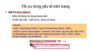 Tối ưu từng yếu tố trên trang
● META Decription
– Miêu tả đúng nội dung trang web
– Chiều dài 100 - 160 ký tự, chứa từ khóa
<head>
<title> Marketing Online | Tap chi Marketing Online </title>
<META name="description" content="Giới thiệu các bài viết, kiến thức
về Marketing Online, Đào tạo Marketing Online: SEO, SEM, Video,
Email, Mobile, Social Media, ... "/>
 