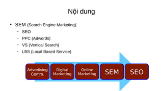 Nội dung
Advertising
Comm.
Digital
Marketing
Online
Marketing SEM SEO
●
SEM (Search Engine Marketing):
– SEO
– PPC (Adwords)
– VS (Vertical Search)
– LBS (Local Based Service)
 
