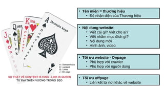 ●
Nội dung website:
●
Viết cái gì? Viết cho ai?
●
Viết nhằm mục đích gì?
●
Nội dung mới
●
Hình ảnh, video
●
Tối ưu website - Onpage
●
Phù hợp với crawler
●
Phù hợp với người dùng
●
Tối ưu offpage
●
Liên kết từ nơi khác về website
●
Tên miền = thương hiệu
●
Độ nhận diện của Thương hiệu
 
