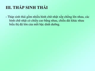 III. THÁP SINH THÁI
- Tháp sinh thái gồm nhiều hình chữ nhật xếp chồng lên nhau, các
hình chữ nhật có chiều cao bằng nhau, chiều dài khác nhau
biểu thị độ lớn của mỗi bậc dinh dưỡng.
 
