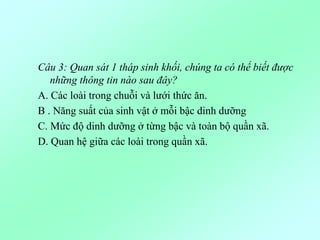 Câu 3: Quan sát 1 tháp sinh khối, chúng ta có thể biết được
những thông tin nào sau đây?
A. Các loài trong chuỗi và lưới thức ăn.
B . Năng suất của sinh vật ở mỗi bậc dinh dưỡng
C. Mức độ dinh dưỡng ở từng bậc và toàn bộ quần xã.
D. Quan hệ giữa các loài trong quần xã.
 