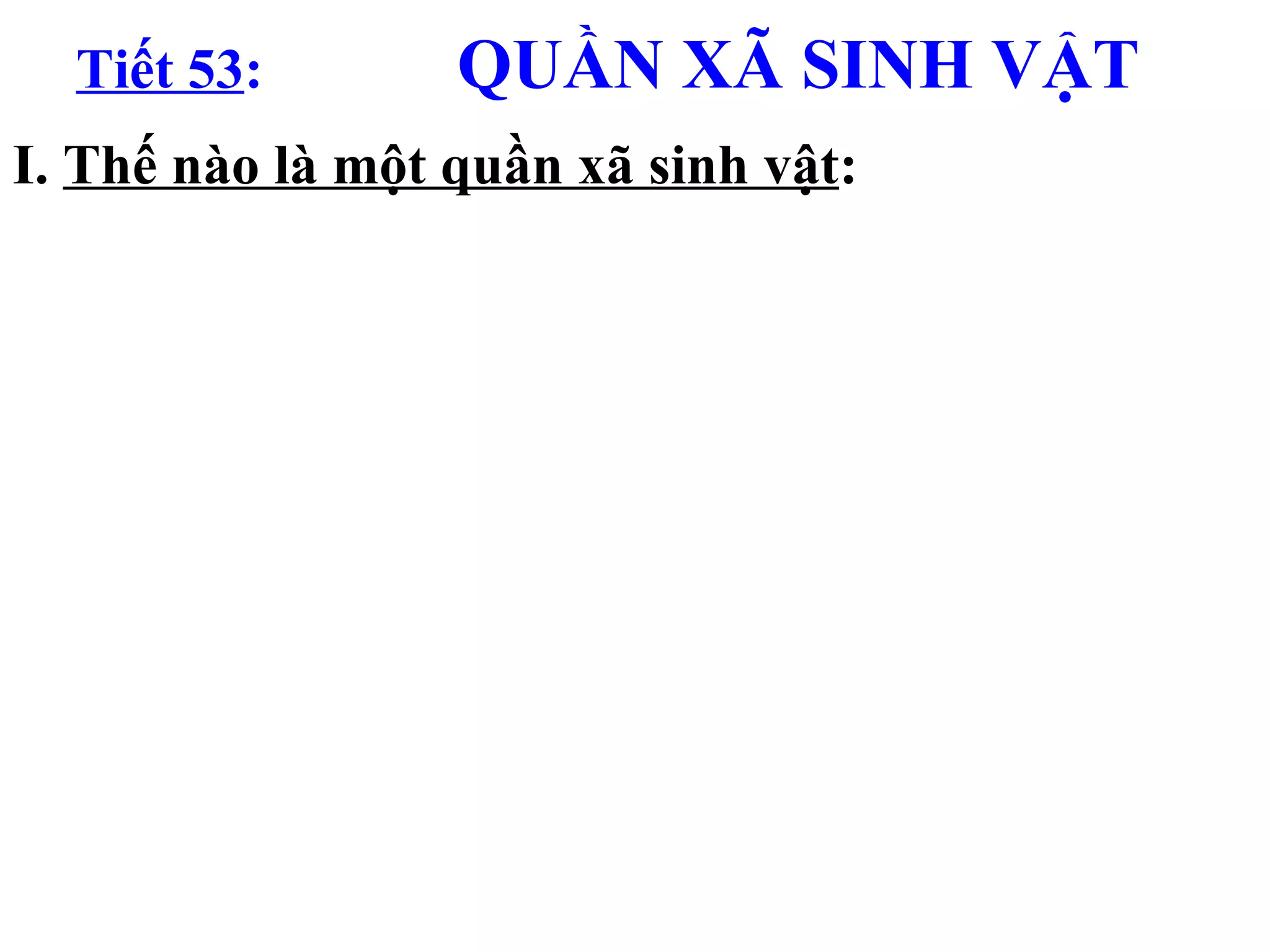 Tiết 53 :   QUẦN XÃ SINH VẬT I.  Thế nào là một quần xã sinh vật : 