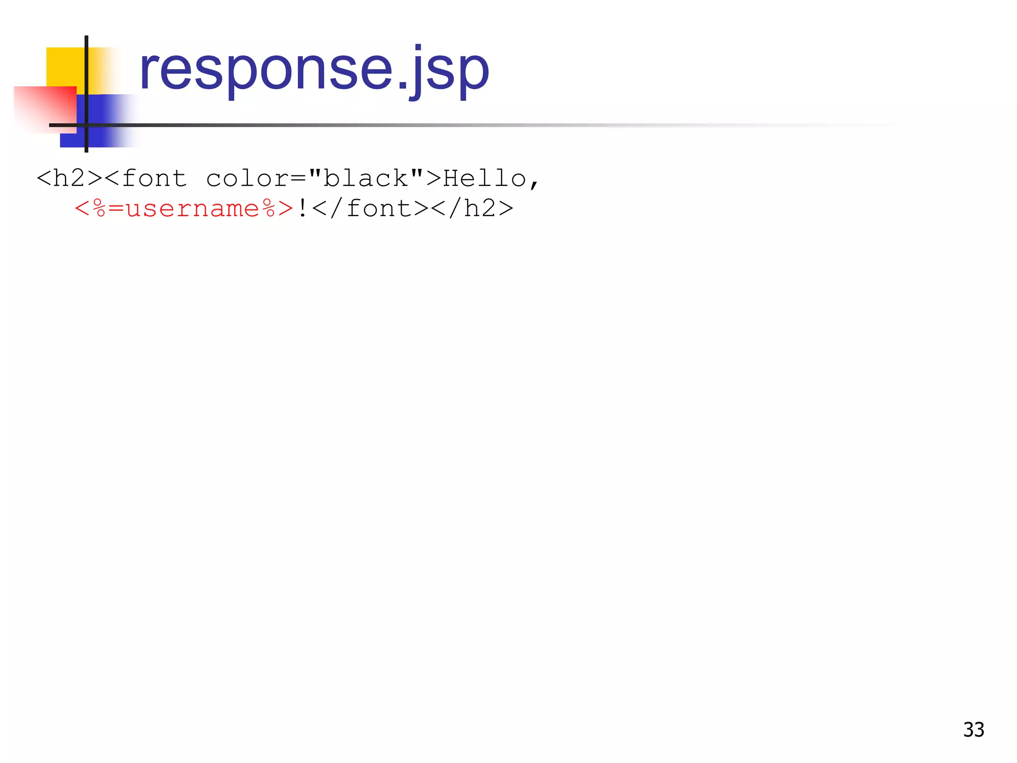 response.jsp
<h2><font color="black">Hello,
<%=username%>!</font></h2>
33
 